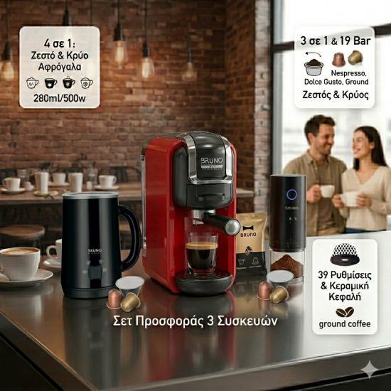 BRUNO σετ 3 συσκευών, καφετιέρα espresso 3 σε 1 BRN-0214 & συσκευή 4 σε 1 για ζεστό-κρύο αφρόγαλα BRN-0204 & ηλεκτρικός μύλος καφέ BRN-0256 