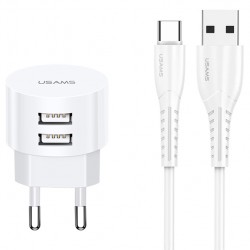 USAMS φορτιστής τοίχου T20 & καλώδιο type-C, 2x USB, 2.1A, λευκός