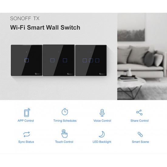 SONOFF smart διακόπτης ΤΧ-T3EU1C, αφής, Wi-Fi, μονός, μαύρος