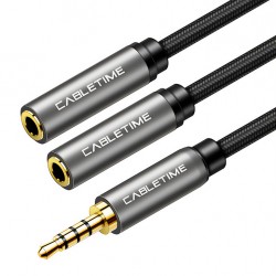 CABLETIME καλώδιο ήχου 3.5mm σε 2x 3.5mm CT-P12G4P, 4-pole, 20cm, μαύρο
