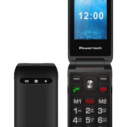 POWERTECH κινητό τηλέφωνο Milly Flip V2, 2.4", dual SIM, πλήκτρο SOS, μαύρο