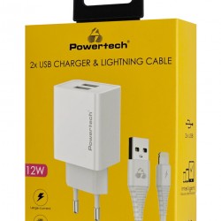 POWERTECH φορτιστής τοίχου PT-1325 με καλώδιο Lightning, 2x USB, 12W, λευκός