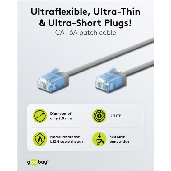GOOBAY καλώδιο δικτύου 74221, CAT 6A U/UTP, ultra slim, copper, 500MHz, 0.5m, γκρι