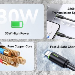 USAMS καλώδιο Lightning σε USB-C US-SJ735, 30W, 480Mbps, 1m, μαύρο