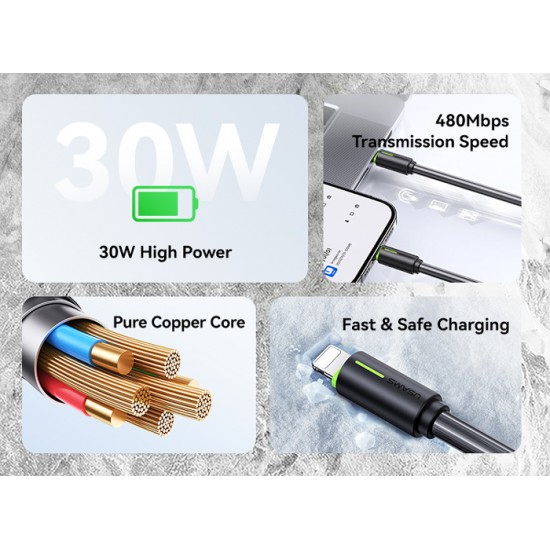 USAMS καλώδιο Lightning σε USB-C US-SJ735, 30W, 480Mbps, 1m, λευκό