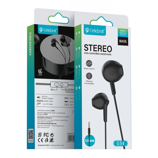 CELEBRAT earphones με μικρόφωνο G34, 3.5mm σύνδεση, 14mm, 1.2m, μαύρα