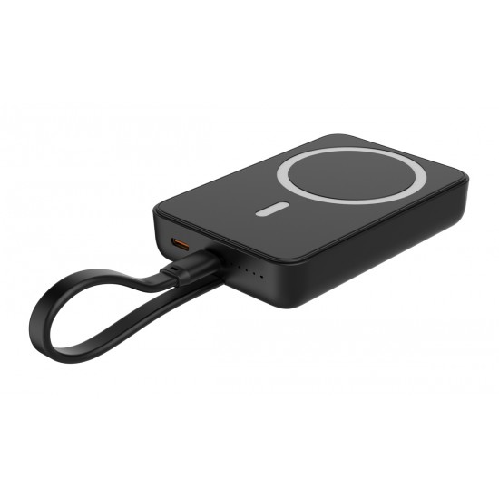 POWERTECH power bank PT-1376 με καλώδιο, 10000mah, magnetic wireless, 20W, μαύρο