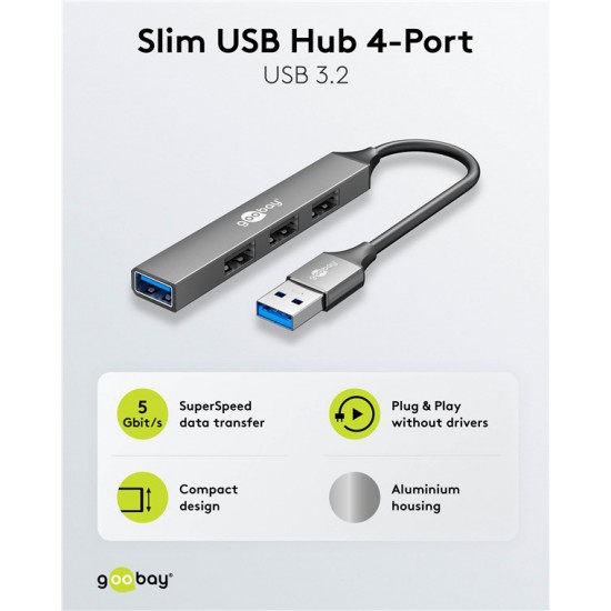 GOOBAY USB hub 74456, 4x θυρών, USB 3.2, 5Gbps, USB σύνδεση, γκρι