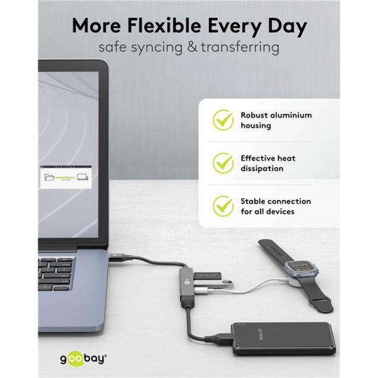 GOOBAY USB hub 74458, 4x θυρών, USB 3.2, 5Gbps, USB σύνδεση, γκρι