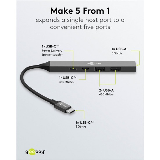 GOOBAY USB hub 74460, 5x θυρών, USB 3.2, 5Gbps, 100W, USB-C σύνδεση, γκρι