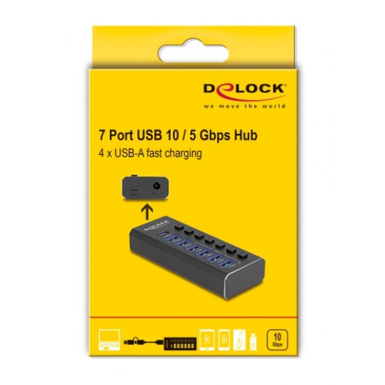 DELOCK USB hub 64326 με διακόπτες, 7x θυρών, 10Gbps, USB/USB-C σύνδεση, μαύρο