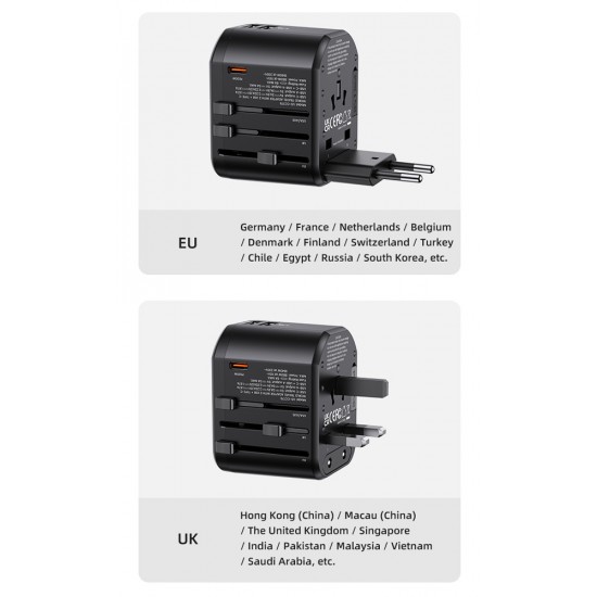 USAMS φορτιστής/αντάπτορας πρίζας US-CC179, USB-C & 2x USB, universal, 20W, μαύρος