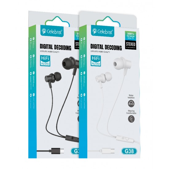 CELEBRAT earphones με μικρόφωνο G38, USB-C σύνδεση, 10mm, 1.2m, μαύρα