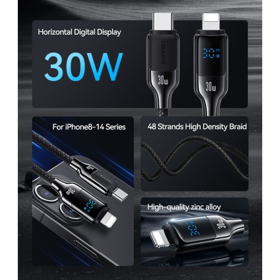 USAMS καλώδιο Lightning σε USB-C SJ741, 30W, 480Mbps, 1.2m, μαύρο