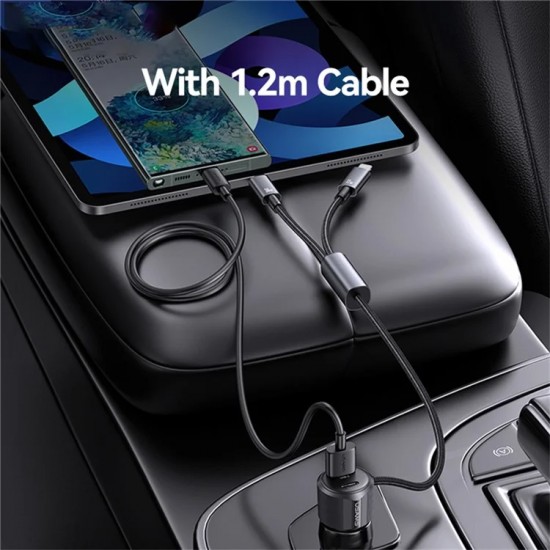 USAMS φορτιστής αυτοκινήτου CC287 με 2 σε 1 καλώδιο, USB/USB-C θύρες, 66W, μαύρος