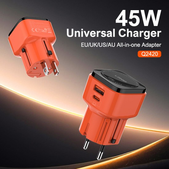 LDNIO φορτιστής τοίχου Q2420 με καλώδιο, USB/USB-C, 45W, universal πρίζα, πορτοκαλί