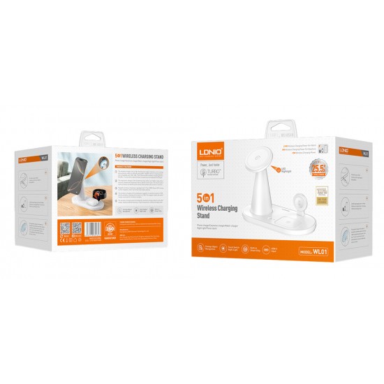 LDNIO ασύρματος φορτιστής WL01 με LED φωτισμό, 3 σε 1, 15W, λευκός