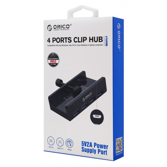 ORICO USB hub MH4PU-P με σφιγκτήρα, 4x θυρών, 5Gbps, USB σύνδεση, ασημί