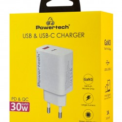 POWERTECH φορτιστής τοίχου PT-1433, USB/USB-C, 30W, GaN, λευκός