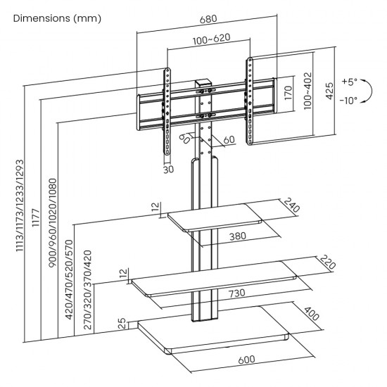 POWERTECH βάση τηλεόρασης δαπέδου PT-1422, 32-75", έως 40kg, με ράφια