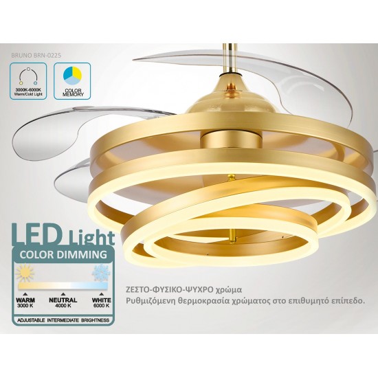 BRUNO ανεμιστήρας οροφής με LED φως BRN-0225, AC 122W, 42", Φ107x47εκ, χρυσός