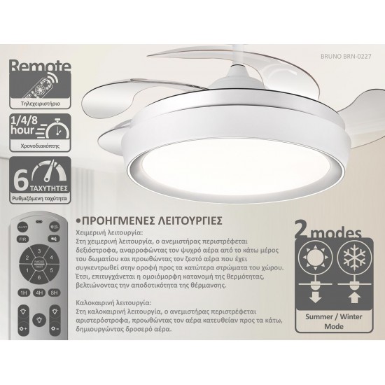 BRUNO ανεμιστήρας οροφής με LED φως BRN-0227, AC 82W, 42", Φ107x47εκ, λευκός