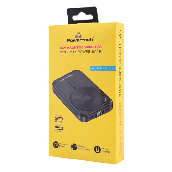 POWERTECH power bank με οθόνη PT-1416, 10000mah, magnetic wireless, 22.5W, μαύρο
