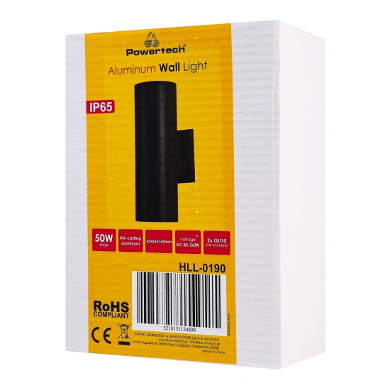 POWERTECH φωτιστικό τοίχου HLL-0190 για 2x GU10 λάμπες, μεταλλικό, IP65, μαύρο