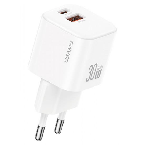 USAMS φορτιστής τοίχου CC263, USB & USB-C, 30W, GaN, λευκός