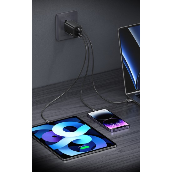 USAMS φορτιστής τοίχου CC265, USB & 2x USB-C, 67W, GaN, μαύρος