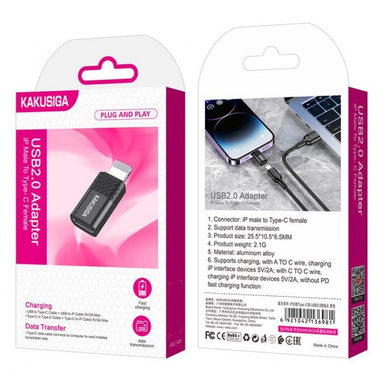 KAKUSIGA αντάπτορας Lightning σε USB-C KSC-1408, 480Mbps, 2A, μαύρος