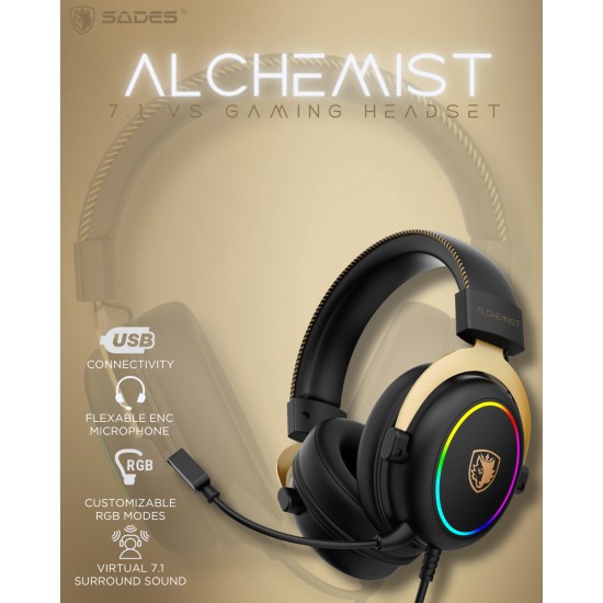 SADES gaming headset Alchemist, USB σύνδεση, 50mm, V7.1 surround, ENC, RGB, multi-platform, μαύρο