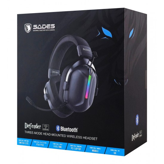 SADES gaming headset Defender, ασύρματα & ενσύρματα, 50mm, 1050mAh, RGB, multi-platform, μαύρο