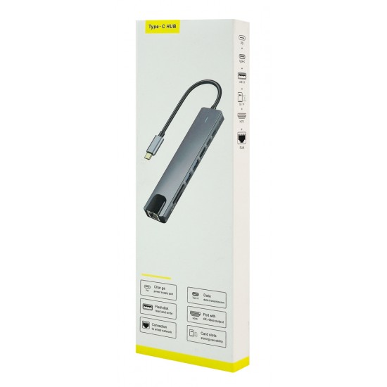 POWERTECH docking station PT-1537, 8 θυρών, USB-C σύνδεση, 100W PD, 1000Mbps, γκρι