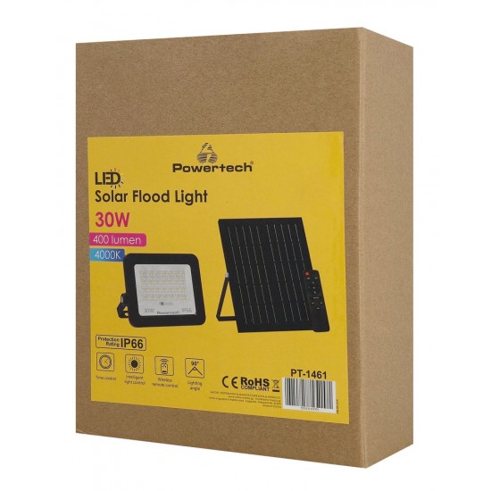 POWERTECH LED ηλιακός προβολέας PT-1461 με τηλεχειριστήριο, 30W, 4000K, 400lm, IP66