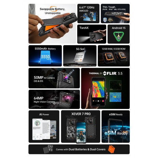 RUGONE smartphone Xever 7 Pro με θερμική εικόνα, 6.67", 12/512GB, 5G, 5550mAh, IP68/IP69K/MIL-STD-810H, μαύρο