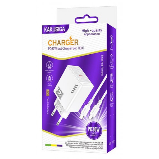 KAKUSIGA φορτιστής τοίχου KSC-1242 με καλώδιο USB-C, USB-C, 30W, λευκός