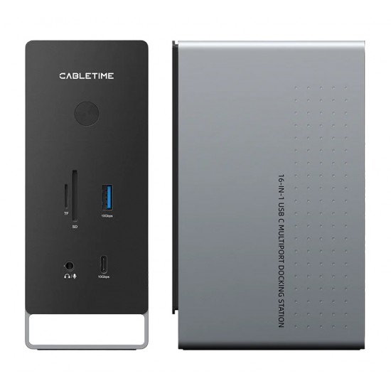 CABLETIME docking station CT-DK181-AG, 16 θυρών, USB-C σύνδεση, 100W PD, 1000Mbps, MST, γκρι