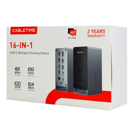 CABLETIME docking station CT-DK181-AG, 16 θυρών, USB-C σύνδεση, 100W PD, 1000Mbps, MST, γκρι