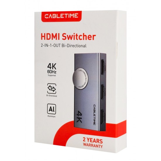 CABLETIME HDMI switch CT-HS4K2-AG, 2 σε 1, 4K/60Hz, bi-directional, γκρι