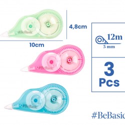 BEBASIC σετ διορθωτική ταινία S063, 5mm x 12m, μπλε/πράσινη/ροζ, 3τμχ