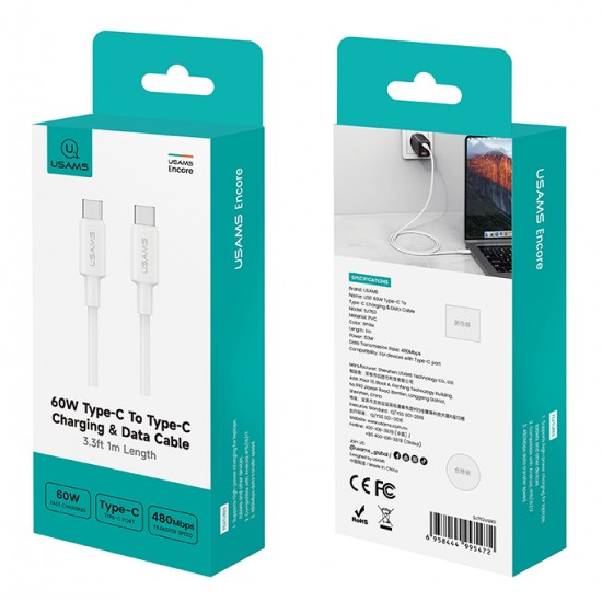 USAMS καλώδιο USB-C SJ763, 60W, 480Mbps, 1m, λευκό