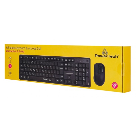 POWERTECH set ασύρματο ποντίκι & πληκτρολόγιο PT-1540, 2.4GHz & Bluetooth, αθόρυβο, μαύρο