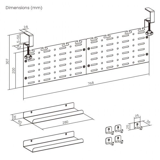 BRATECK cable management γραφείου CC11-20-2, μεταλλικό, 768x63x307mm, μαύρο