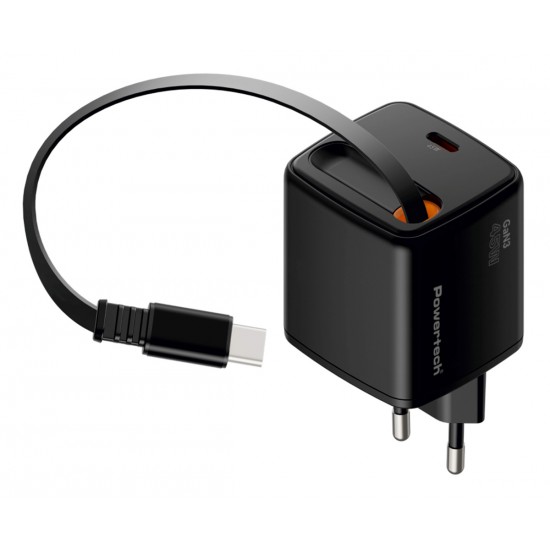 POWERTECH φορτιστής τοίχου PT-1572 με πτυσσόμενο καλώδιο, USB-C, 45W, GaN, μαύρος