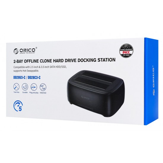 ORICO docking station για 2.5" ή 3.5" SATA HDD/SSD DD28U3-C, 2 θέσεων, 5Gbps, clone function, μαύρο