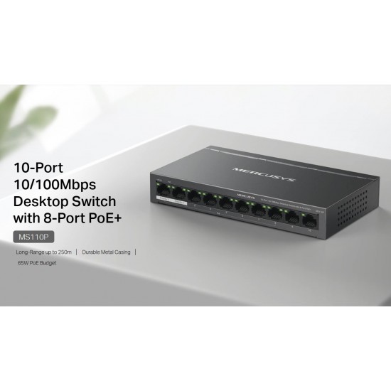 MERCUSYS desktop switch MS110P, 10x 10/100Mbps θύρες, PoE+, V1.0