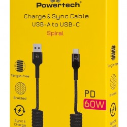 POWERTECH καλώδιο USB-C σε USB PTR-0197 με spiral καλώδιο, PD 60W, 480Mbps, 1m, μαύρο