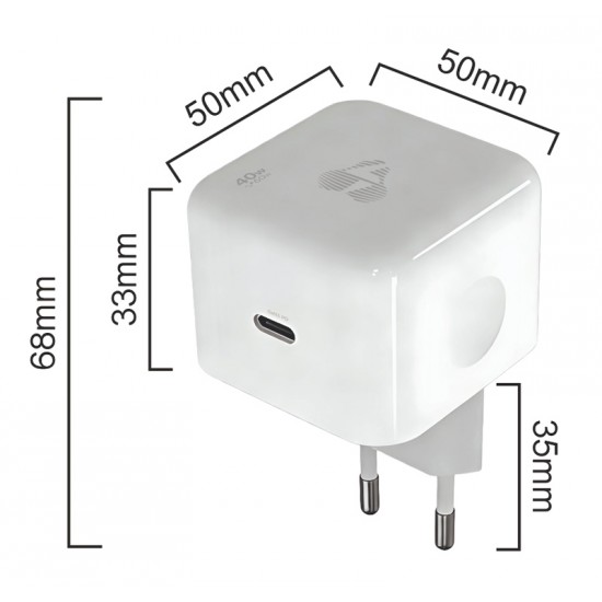 POWERTECH φορτιστής τοίχου PT-1581 με καλώδιο, USB-C, 40 έως 60W, GaN, AVS, λευκός