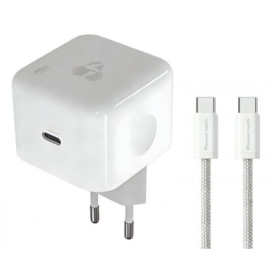 POWERTECH φορτιστής τοίχου PT-1581 με καλώδιο, USB-C, 40 έως 60W, GaN, AVS, λευκός